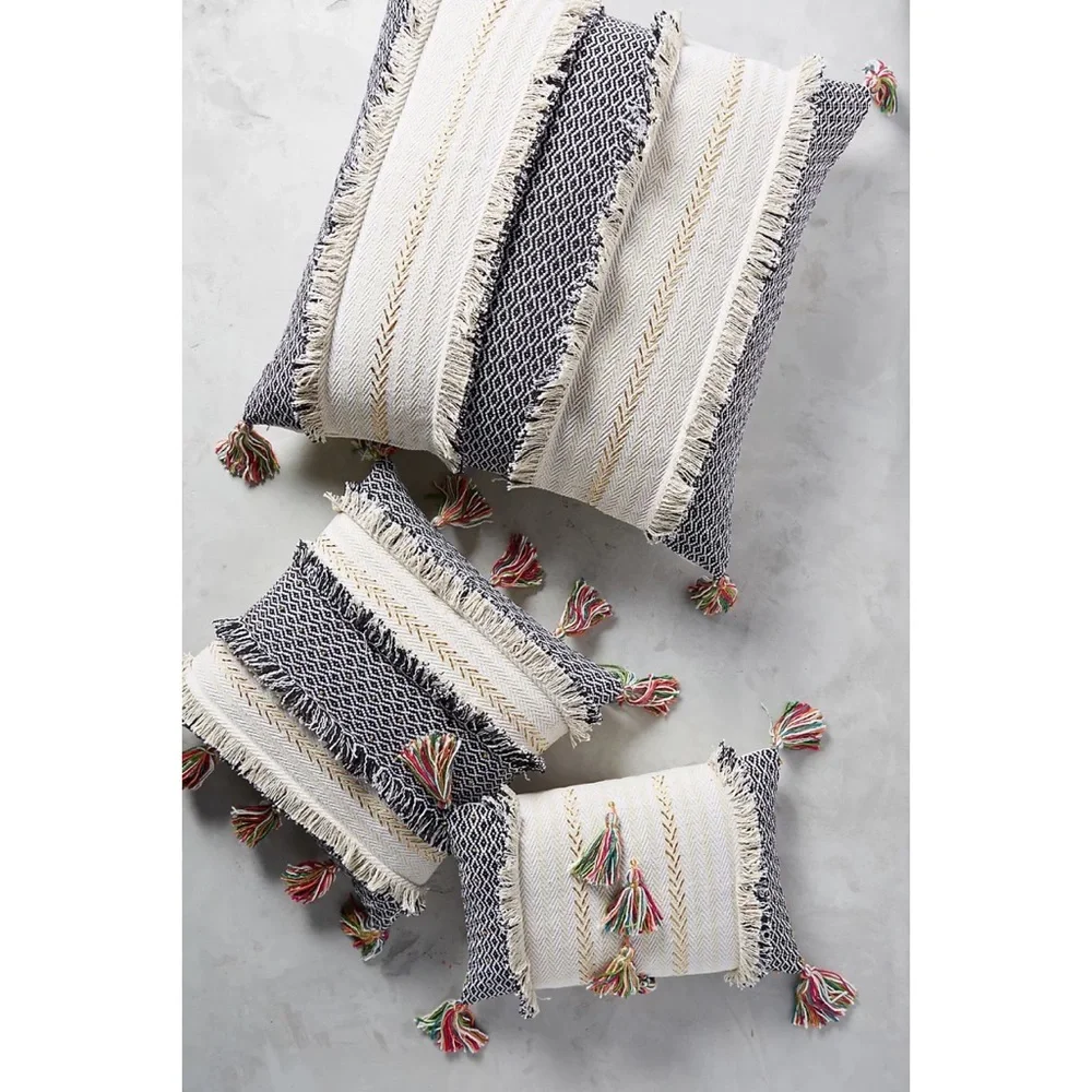 Anthropologie | Tasseled Retrograde Pillow Black Ivory Gold Embroidered